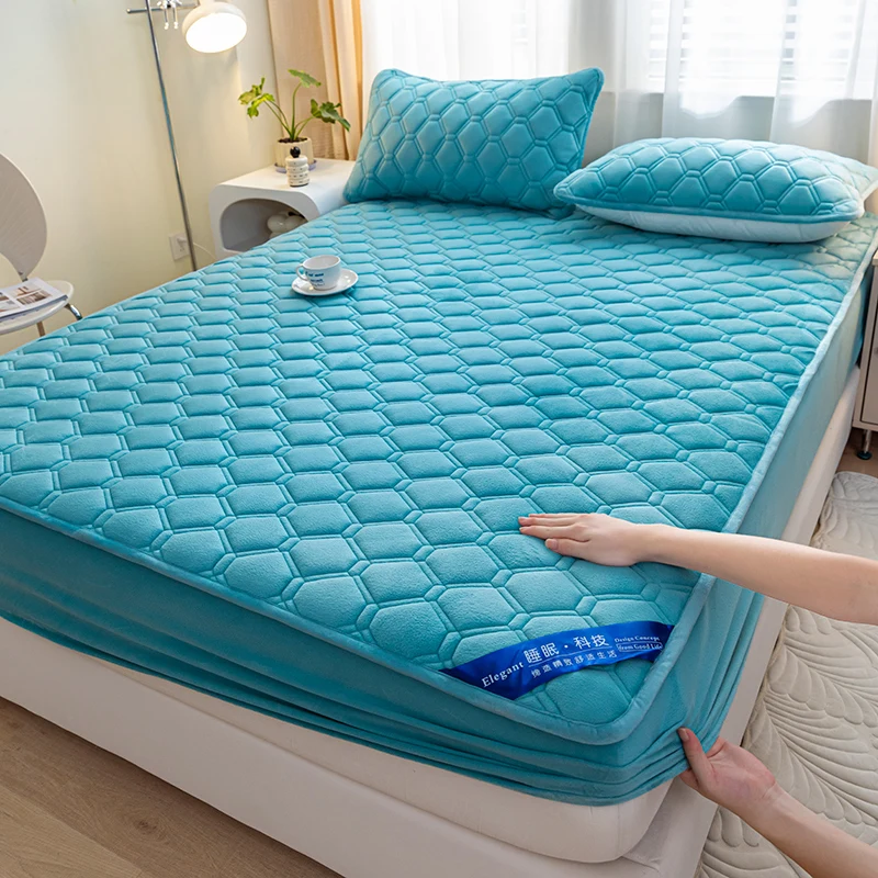 WASART Fluffy Coral Fleece Quilted Mattress Protector Cover Warm Cozy Milk Velvet Elastic Fitted Sheet 150X200 Winter Bed Linens