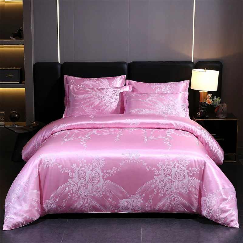 WASART Summer Satin Rayon Jacquard Duvet Cover Set 4pc Elegant Floral Luxury Bedding for Couple King Size 220x240 Cooling Fabric