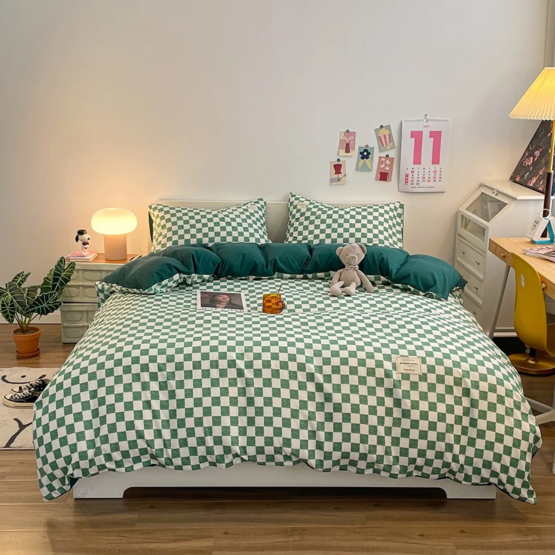 Pure Cotton Home Textile Plaid Pattern Bedding Set Simple Soft Duvet Cover Flat/Fitted Sheets Pillowcases Bed Linens Queen King