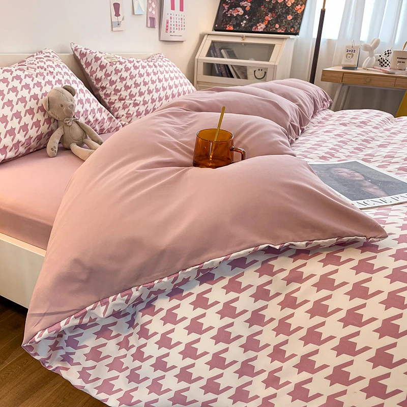 Pure Cotton Home Textile Plaid Style Bedding Set Simple Soft Duvet Cover Sheet Pillowcases Ins Style Bed Linens Queen King Size