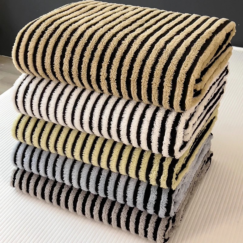 Cozy Fluffy Faux Fur Fleece Blanket Thick Warm Striped Winter Duvets Soft Plush Sofa Throw Blanket Bedroom Bedspread for Home