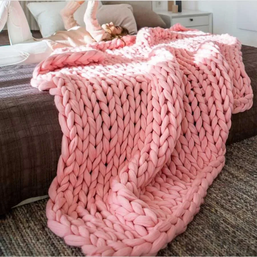 WASART Chunky merino wool blanket thick large yarn roving knitted blanket winter warm plaid throw blankets sofa bed blanket