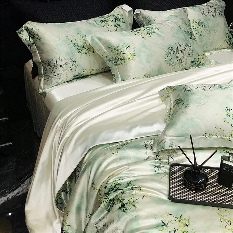 Home Silk Duvet Cover Set with Bed Sheet Pillowcase 4 Piece Natural Silk Bedding Sets Soft Smooth Comforter Covers with Zipper