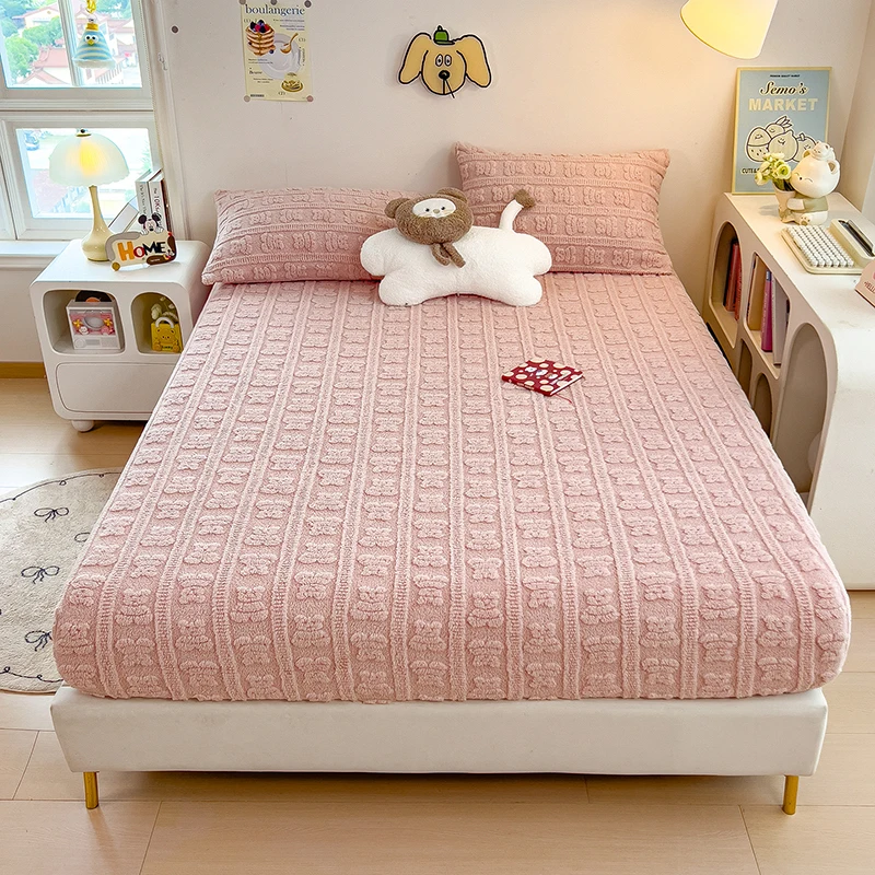 Jacquard Fleece Velvet Fitted Sheet Plush Soft Bed Cover Mattress Cover with Elastic Band Autumn Winter Warm Bed Sheet 120/160cm