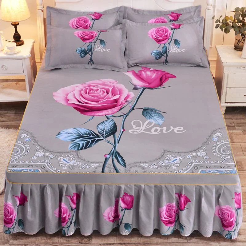 WASART Pink rose flower printed bed skirt couple wedding bedspread 150/180 bed linens 2 people luxury double bed sheet king size