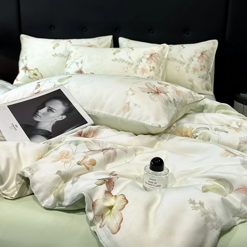 Luxury Organic Bamboo Silky Bed linens Bedding Set Vintage Flat Bed Sheet Double Queen King Duvet Cover Pillowcases Rural Style