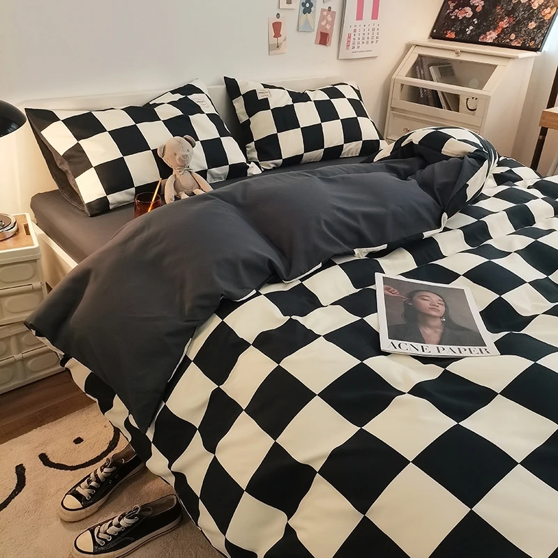 Pure Cotton Home Textile Plaid Pattern Bedding Set Simple Soft Duvet Cover Flat/Fitted Sheets Pillowcases Bed Linens Queen King