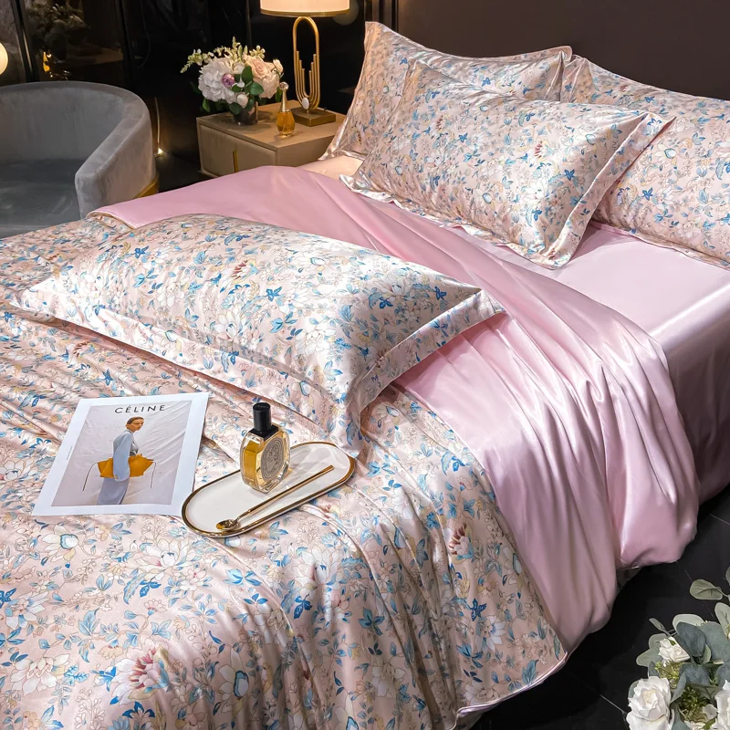 Luxury Floral Silk Bedding Set with Duvet Cover Fitted & Flat Bed Sheet Pillowcase Silky Smooth Bed Sheet Sets Twin Full Queen