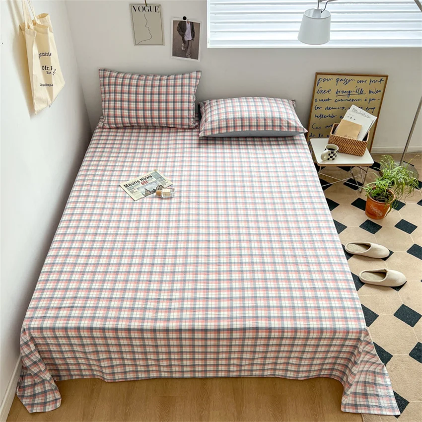 100% Pure Cotton Bedsheet 1pc Flat Sheets Nordic Grid Pattern Bed Sheet Soft Comfort Home Textile Without Pillowcase Multi-Size