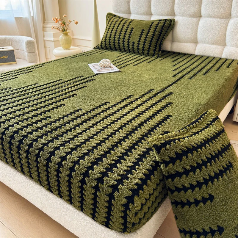 WASART Soft warm plush fitted sheet elastic mattress cover fluffy coral fleece jacquard bed linen winter luxury bedding 150x200