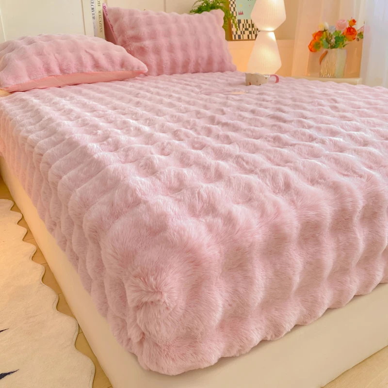 WASART Warm Winter Plush Fitted Sheet Elastic Mattress Protector Cover Fluffy Bubble Coral Fleece Bed Linens 180x200 King Size