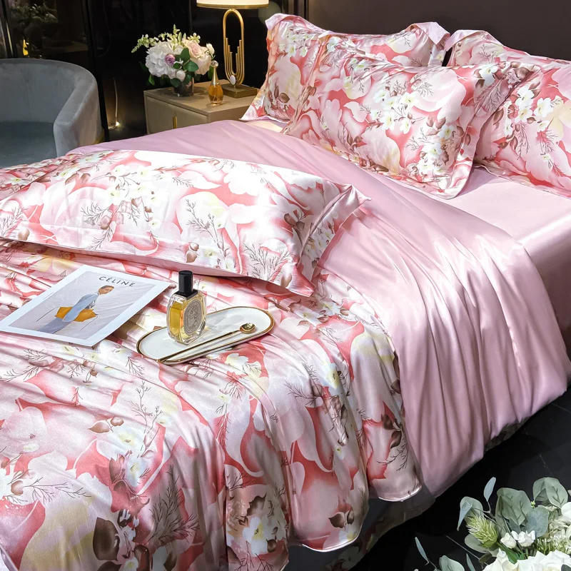 Luxury Floral Silk Bedding Set with Duvet Cover Fitted & Flat Bed Sheet Pillowcase Silky Smooth Bed Sheet Sets Twin Full Queen