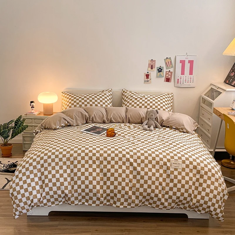 Pure Cotton Home Textile Plaid Style Bedding Set Simple Soft Duvet Cover Sheet Pillowcases Ins Style Bed Linens Queen King Size