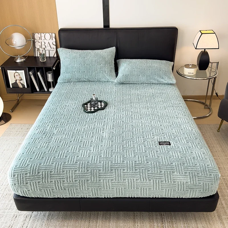 WASART Fluffy coral fleece fitted sheet elastic mattress cover warm plush bed linen couple luxury double bed bedding king size