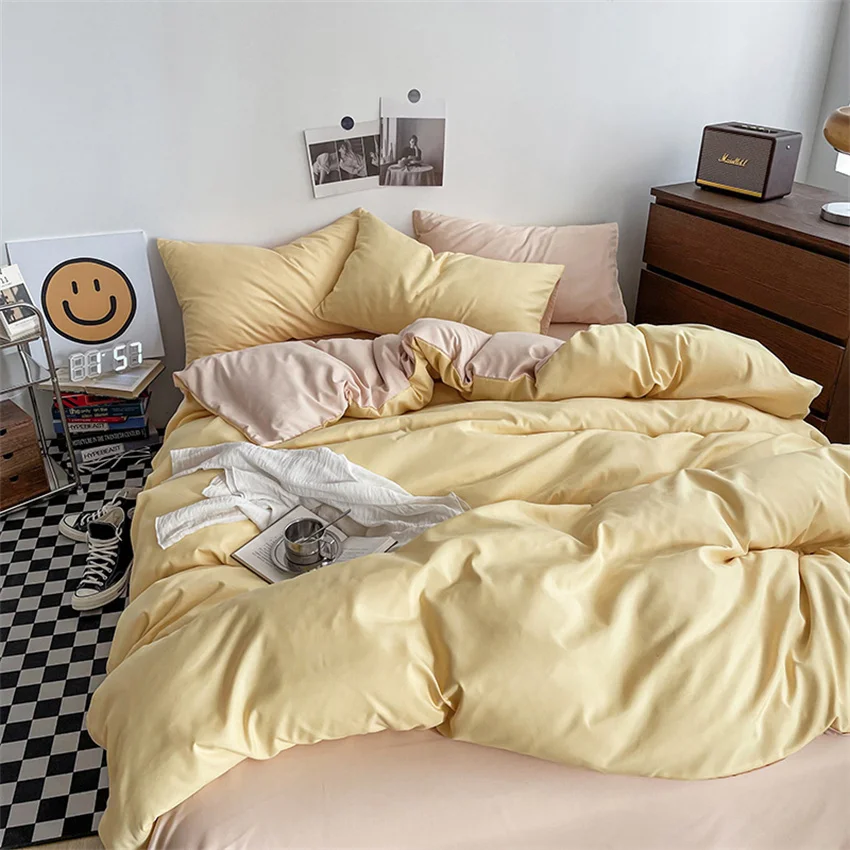 Ins Style Bedding Set Washed Cotton Duvet Cover Pillowcase Solid Color Soft Comforer Quilt Cover Bedspreads Bed Linen Flat Sheet