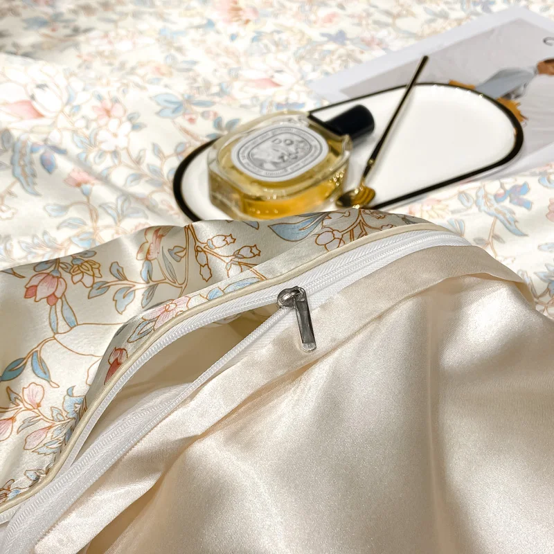 Luxury Floral Silk Bedding Set with Duvet Cover Fitted & Flat Bed Sheet Pillowcase Silky Smooth Bed Sheet Sets Twin Full Queen